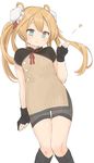  abukuma_(kantai_collection) bike_shorts black_gloves black_legwear blonde_hair blue_eyes blush brown_shirt bun_cover double_bun flat_chest frown gloves hair_between_eyes hair_rings heart highres kantai_collection kneehighs long_hair murakami_meishi partly_fingerless_gloves shirt simple_background solo standing sweatdrop twintails white_background 