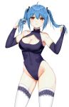  1girl ahoge armpits arms_up ass_visible_through_thighs bangs bare_shoulders black_ribbon blue_hair blue_leotard blush breasts bridal_gauntlets cameltoe cleavage cleavage_cutout closed_mouth contrapposto covered_navel cowboy_shot eyebrows_visible_through_hair groin hair_between_eyes hair_ribbon hands_in_hair heart heart_print highleg highleg_leotard highres large_breasts leotard long_hair looking_at_viewer pixiv14569549 print_leotard prinz_eugen_(warship_girls_r) red_eyes ribbon simple_background smile solo thighhighs twintails warship_girls_r white_background white_legwear 