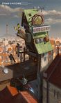  artist_name black_hair broom broom_riding city from_above from_behind greek headgear highres jacket lighthouse original radar_dish scenery short_hair shoulder_cutout sidneysora signal_flag solo steampunk tower twintails 