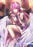  1girl :d angel_wings animal_ears bangs bare_shoulders black_gloves blonde_hair blurry blush book boots breasts bridal_gauntlets collarbone crop_top cube depth_of_field eyebrows eyebrows_visible_through_hair feathered_wings floating floating_object glass gloves gradient_hair hair_between_eyes halo highres jibril_(no_game_no_life) kneehighs large_breasts lens_flare levitation light_particles long_hair looking_at_viewer low_wings luzi midriff multicolored_hair no_game_no_life open_mouth pink_hair pink_legwear pink_skirt red_eyes sideboob single_thighhigh sitting skirt sleeveless smile solo sunlight tattoo thighhighs white_wings wings 