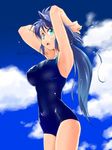  blue_hair green_eyes long_hair one-piece_swimsuit original school_swimsuit solo standing swimsuit yagisaka_seto 