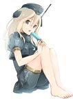  barefoot blonde_hair blue_eyes cropped_jacket food garrison_cap hair_between_eyes hair_ornament hat highres kantai_collection long_hair looking_at_viewer military military_uniform nerokuro open_mouth popsicle puffy_short_sleeves puffy_sleeves short_sleeves shorts solo u-511_(kantai_collection) uniform 