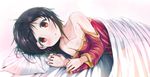  :o bare_shoulders bed black_hair blanket breasts cleavage collarbone detached_sleeves dress kono_subarashii_sekai_ni_shukufuku_wo! looking_at_viewer lying megumin on_side open_mouth pillow red_dress red_eyes rigorigo short_hair small_breasts solo strapless strapless_dress transparent 