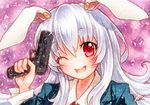  animal_ears bad_id bad_pixiv_id blazer bunny_ears finger_on_trigger gun holding holding_gun holding_weapon jacket lavender_hair long_hair necktie one_eye_closed open_mouth purple_hair qqqrinkappp red_eyes red_neckwear reisen_udongein_inaba signature solo touhou traditional_media very_long_hair watercolor_(medium) weapon 