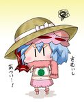  alternate_costume alternate_headwear bad_id bad_pixiv_id blue_hair blush bow chibi commentary covered_mouth food fruit hat hat_bow midriff mob_cap navel noai_nioshi patch red_bow remilia_scarlet scarf short_hair shorts socks solo squiggle touhou translated watermelon |_| 