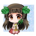  :&lt; amayadori_machi bamboo bangs bell black_hair blue_background blunt_bangs blush brown_eyes chibi frown full_body hair_ornament head_wreath japanese_clothes jewelry jingle_bell kumamiko leaf_hair_ornament long_hair looking_at_viewer medallion miko necklace noai_nioshi outfit_1_(kumamiko) red_skirt see-through_sleeves skirt solo standing translation_request 