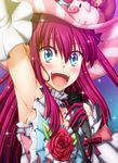 arm_up armpits blue_eyes commentary_request elizabeth_bathory_(fate) elizabeth_bathory_(fate)_(all) fate/extra fate/extra_ccc fate/grand_order fate_(series) hasebe_akira hat long_hair looking_at_viewer microphone pointy_ears purple_hair solo teeth 