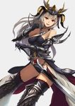  :d armor armored_boots bare_shoulders boots cowter elbow_gloves eruthika gloves highres horns long_hair open_mouth original panties red_eyes simple_background smile solo sword thighhighs underwear vambraces weapon white_hair 