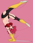  absurdres cleavage_cutout cutie_honey gaixas1 highres kicking midriff navel re:_cutie_honey solo sword upside-down weapon 