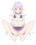  1girl blush breasts elnowar_seylan endro! feet flower hair_flower hair_ornament hairband midriff navel no_panties purple_eyes purple_hair pussy sasami1561 simple_background skirt small_breasts solo white_background 