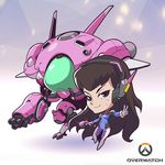  artist_request bodysuit breasts brown_eyes brown_hair chibi copyright_name d.va_(overwatch) facial_mark gloves gun headphones long_hair lowres mecha meka_(overwatch) official_art overwatch small_breasts smile solo v weapon whisker_markings 
