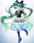  bad_id bad_pixiv_id blue_footwear boots closed_eyes collarbone dress full_body green_hair hat hatsune_miku long_hair miturousoku open_mouth pantyhose platform_footwear smile solo striped striped_legwear twintails very_long_hair vocaloid 