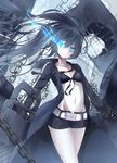  belt black_bikini_top black_hair black_rock_shooter black_rock_shooter_(character) black_shorts black_sweater blue_eyes burning_eye cardigan chain collarbone front-tie_top groin highres long_hair navel open_cardigan open_clothes re:rin short_shorts shorts solo sweater twintails 