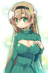  :o blonde_hair braid breasts character_request cleavage cleavage_cutout green_eyes hairband large_breasts long_hair looking_at_viewer meme_attire open-chest_sweater single_braid solo sweater toto_nemigi turtleneck 