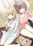  :d blonde_hair breasts brown_hair cover cover_page cup doujin_cover food kinosaki_kazura knees_together_feet_apart large_breasts looking_at_viewer multiple_girls no_pants open_mouth original shirt short_hair shorts sitting small_breasts smile sweets tea tea_set teacup teapot thighs wariza 