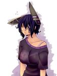  bra breasts casual collarbone eyepatch headgear kantai_collection large_breasts looking_at_viewer moeroknight off_shoulder purple_hair short_hair sleepy solo tenryuu_(kantai_collection) underwear yellow_eyes 