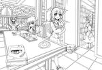  apron bat_wings book bookshelf bow brick_wall candle chair closed_eyes crescent dress fangs greyscale hat head_wings kirisame_marisa koakuma library lineart mob_cap monochrome multiple_girls necktie open_mouth patchouli_knowledge pointy_ears reading remilia_scarlet rigorigo slit_pupils smile touhou waist_apron wings witch_hat wrist_cuffs 