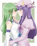  arm_holding blush breast_press breasts commentary_request crescent crescent_hair_ornament detached_sleeves dress ear_blush eye_contact face-to-face frilled_dress frills green_hair hair_ornament hat hug kochiya_sanae long_hair looking_at_another mob_cap multiple_girls patchouli_knowledge purple_eyes purple_hair qia_jia_meow red_eyes ribbon simple_background smile symmetrical_docking touhou yuri 
