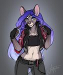  2019 5_fingers anthro blue_eyes clothed clothing female hair mammal midriff mouse navel purple_hair rodent smile solo wolfirry 