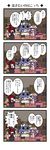  2girls 4koma apron bat_wings bird blush book bookshelf broom chair check_translation comic crescent crescent_hair_ornament cup disguise dora_ita flying_sweatdrops frown hair_ornament hat head_wings highres kirisame_marisa koakuma library long_hair mob_cap mug multiple_girls patchouli_knowledge penguin purple_hair red_hair shaded_face sitting sweatdrop table tears touhou translation_request very_long_hair waist_apron wings witch_hat 