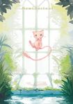  character_name eve_kurigoyu floating gen_1_pokemon grass green_eyes highres leaf legendary_pokemon long_tail looking_at_viewer mew no_humans pokemon pokemon_(creature) solo tail window 