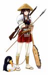  akagi_(kantai_collection) ankle_wrap bandolier blush brown_eyes brown_hair collar commentary failure_penguin fur gloves gun hat kantai_collection leash looking_at_viewer miniskirt miss_cloud polearm rice_hat rifle sandals sandogasa skirt spear stole thighhighs watanore weapon 