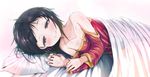  bare_shoulders bed black_hair blanket breasts cleavage collarbone detached_sleeves dress kono_subarashii_sekai_ni_shukufuku_wo! looking_at_viewer lying megumin on_side pillow red_dress red_eyes rigorigo short_hair small_breasts smile solo squinting strapless strapless_dress transparent 