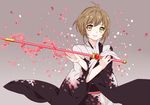  antenna_hair brown_hair cardcaptor_sakura crossed_arms eve_kurigoyu fuuin_no_tsue grey_background japanese_clothes kimono kinomoto_sakura parted_lips petals short_hair solo sword wand weapon wide_sleeves 