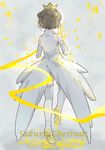  bare_shoulders brown_hair cardcaptor_sakura character_name crown detached_sleeves dress eve_kurigoyu from_behind full_body highres kinomoto_sakura magical_girl petals ribbon shoes short_hair solo thighhighs two_side_up white_dress white_legwear yellow_footwear yellow_ribbon 