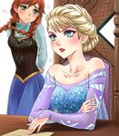  anna_(frozen) aqua_eyes arms_behind_back bare_shoulders blonde_hair blue_eyes blue_skirt braid chair disney elsa_(frozen) freckles frozen_(disney) fujimaru_(kinakomucch) lips long_hair multiple_girls red_hair short_hair siblings simple_background sisters skirt twin_braids white_background 