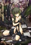  bad_id bad_pixiv_id black_hair black_rock_shooter breasts chain checkered checkered_floor cleavage collarbone covering covering_breasts dead_master dress green_eyes horns long_hair looking_at_viewer medium_breasts shanpao sitting solo torn_clothes torn_dress wings 