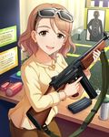  airsoft artist_request bracelet brown_hair earrings eyewear_on_head green_eyes gun idolmaster idolmaster_cinderella_girls jewelry long_hair necklace official_art pants shirt smile solo submachine_gun thompson_submachine_gun wavy_hair weapon yanagi_kiyora yellow_shirt 