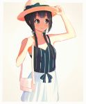  1girl adjusting_clothes adjusting_hat aiura bag bangs bare_shoulders black_bow black_hair blue_eyes bow breasts hair_over_shoulder hand_up handbag hanr10 hat hat_bow looking_afar pink_background skirt small_breasts smile solo standing twintails uehara_ayuko white_skirt yellow_hat 