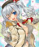  ;d blue_eyes blush breasts cleavage epaulettes gloves hat heart heart_background kantai_collection kashima_(kantai_collection) large_breasts navel one_eye_closed open_mouth parune_chigetsu short_hair silver_hair smile solo traditional_media twintails white_gloves 