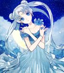  1girl bare_shoulders bead_bracelet beads bishoujo_senshi_sailor_moon blue_eyes blue_theme blurry bracelet commentary_request crescent crescent_earrings crescent_facial_mark crossed_arms double_bun dress earrings facial_mark flower forehead_mark hair_bun head_tilt highres jewelry long_hair parted_bangs pearl_bracelet princess_serenity silver_hair solo tsukino_usagi twintails white_dress yokoyama_himena 