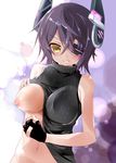  bare_shoulders blush breasts eyepatch fingerless_gloves gloves grin headgear itotin kantai_collection large_breasts looking_at_viewer navel nipples one_breast_out purple_hair ribbed_sweater short_hair single_fingerless_glove single_glove sleeveless smile solo sweater tenryuu_(kantai_collection) yellow_eyes 