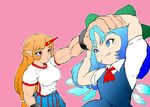  blonde_hair blue_dress blue_eyes blue_hair bow cirno commentary_request cuffs cup dress eyebrows eyebrows_visible_through_hair green_bow hair_bow hand_on_another's_head highres horn hoshiguma_yuugi ice ice_wings long_hair multiple_girls muscle muscular_female oni pointy_ears red_eyes shiesu=inana shirt short_sleeves skirt star striped t-shirt tears touhou vertical-striped_skirt vertical_stripes white_shirt wings 