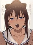  :o blue_eyes blush breasts brown_hair chocolate cleavage collarbone hair_between_eyes half-closed_eyes inu_(aerodog) kagurazaka_ranka long_hair looking_at_viewer medium_breasts mouth_hold open_mouth ponytail sailor_collar school_uniform serafuku sidelocks solo teeth upper_body valkyrie_drive_-bhikkhuni- 