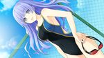  breasts collarbone competition_swimsuit covered_navel date_a_live dutch_angle game_cg izayoi_miku long_hair medium_breasts official_art one-piece_swimsuit open_mouth outdoors purple_eyes sideboob silver_eyes solo swimsuit tsunako 