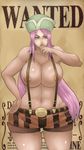  areola_slip areolae breasts curvy donaught hat huge_breasts jewelry_bonney long_hair navel one_piece peircing pink_hair purple_eyes shorts solo suspenders topless wide_hips 