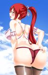  ass ass_grab back bare_shoulders blush bra breasts brown_eyes butt_crack deep_skin erza_scarlet facu10mag fairy_tail female from_behind hair_ribbon huge_ass large_breasts leaning leaning_forward long_hair looking_at_viewer looking_back open_mouth panties ponytail red_hair ribbon shiny shiny_skin sideboob solo tattoo thighhighs thong 