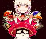  1girl arms_up bangs black_background blunt_bangs blush crying crying_with_eyes_open drooling mushroom original short_hair simple_background smile solo sparkle star tears tera trait_connection upper_body white_hair 