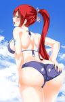  ass ass_grab back bare_shoulders bikini blush bra breasts brown_eyes deep_skin erza_scarlet facu10mag fairy_tail female from_behind hair_ribbon huge_ass large_breasts leaning leaning_forward long_hair looking_at_viewer looking_back open_mouth panties ponytail red_hair ribbon shiny shiny_clothes shiny_skin sideboob solo swimsuit tattoo 
