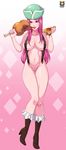  boots bottomless breasts covering_nipples female food full_body functionally_nude jewelry_bonney kyoffie large_breasts looking_at_viewer nipples one_piece pink_hair pubic_hair pussy solo standing uncensored 