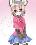  abe_suke alternate_costume animal_ears bangs bespectacled black_legwear blue_skirt eyebrows eyebrows_visible_through_hair glasses grey_hair long_sleeves looking_at_viewer mouse_ears mouse_tail nazrin red_eyes red_ribbon ribbon semi-rimless_eyewear short_hair simple_background skirt sleeves_past_wrists smile solo tail thighhighs touhou under-rim_eyewear v_arms 