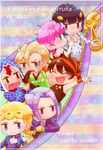  bad_id bad_pixiv_id black_eyes black_hair blonde_hair blue_eyes bob_cut braid bruno_buccellati chibi choker closed_eyes earrings fork giorno_giovanna green_eyes hair_ornament hairclip hat head_rest highres italian jewelry jojo_no_kimyou_na_bouken leone_abbacchio long_hair narancia_ghirga necktie open_mouth pannacotta_fugo pink_hair purple_eyes purple_hair short_hair single_braid smile sou_(glu-sou) striped striped_background sweatdrop trish_una turtleneck zipper 