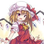  :d ascot blush bow collared_shirt crystal dress_shirt fang fingers flandre_scarlet hat hat_bow index_finger_raised looking_at_viewer mob_cap open_mouth outstretched_arms red_eyes ryogo shirt short_hair side_ponytail skirt skirt_set smile solo touhou vest wings 