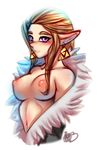  artist_name blush breasts breasts_outside brown_hair bust earrings female inuki looking_at_viewer open_clothes pointy_ears princess_zelda puffy_nipples purple_eyes solo the_legend_of_zelda white_background 
