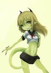  female green_skin grin horns monster_girl original pointy_ears ruu_bot sailor_collar simple_background skirt solo tail white_background 