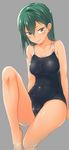  aqua_hair blush breasts brown_eyes cameltoe cleavage competition_school_swimsuit covered_navel dark_skin fang_out highres kantai_collection large_breasts long_hair looking_at_viewer one-piece_swimsuit smile soaking_feet solo spirytus_tarou suzuya_(kantai_collection) swimsuit water 